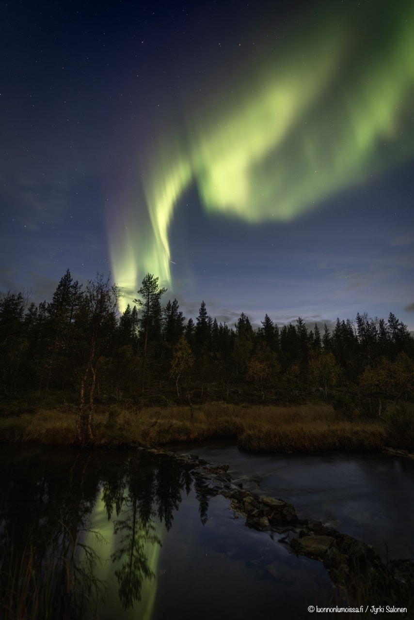 Revontulia pienen tunturipuron yllä