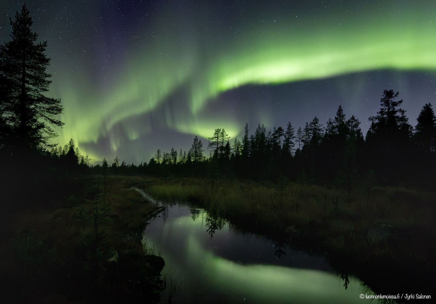 Revontulet leimuavat pienen joen yllä