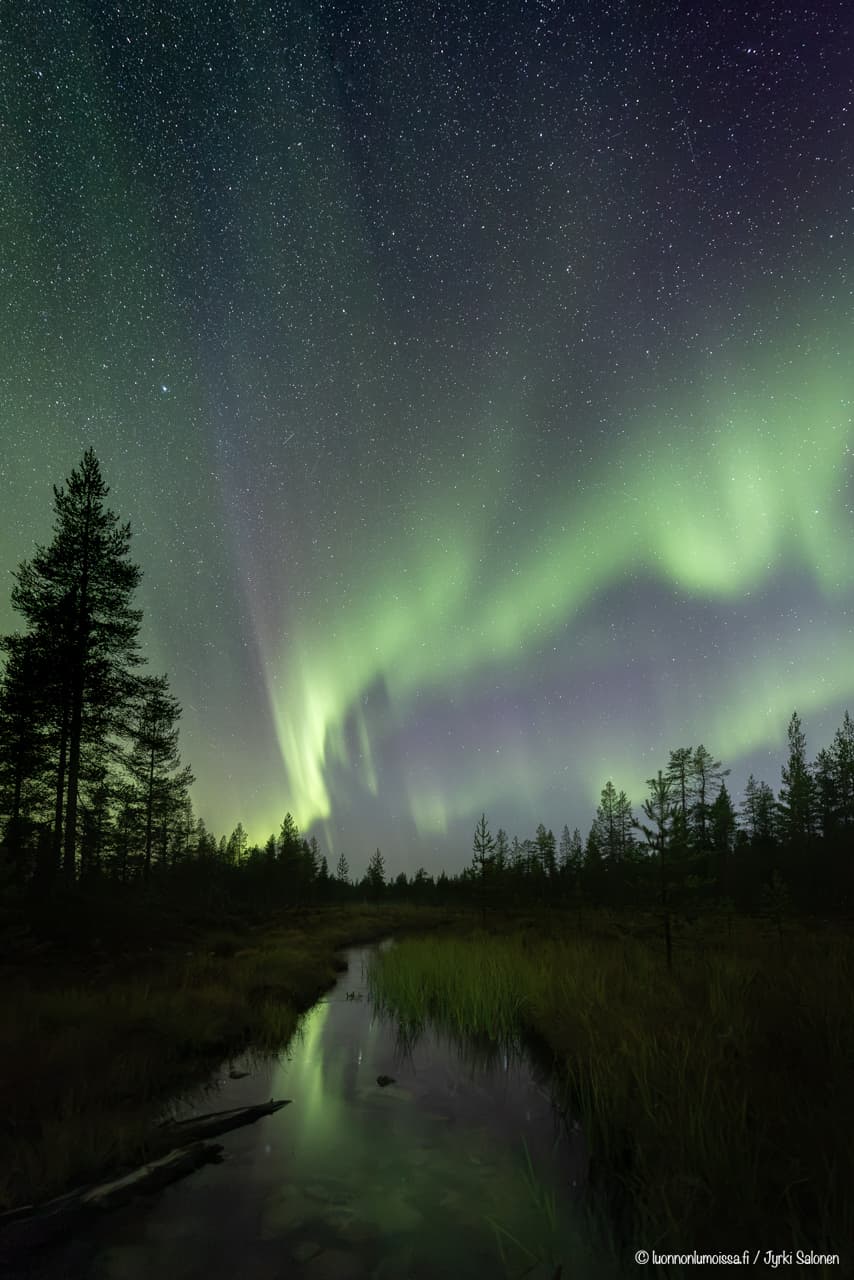 Revontulet leimuavat pienen joen yllä